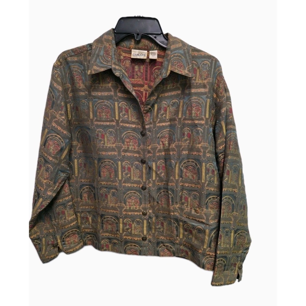 Chico's Design Vintage Silk Blend Button Up Collared Jacket Size 1 (8-10)